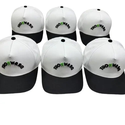 Group of white and black Posty snapback hats by Draw It Out®