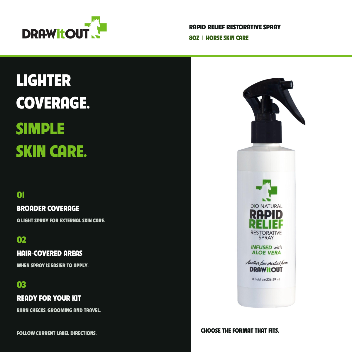 RAPID RELIEF RESTORATIVE SPRAY: LIGHTER COVERAGE. SIMPLE SKIN CARE. BROADER COVERAGE A LIGHT SPRAY FOR EXTERNAL SKIN CARE.; HAIR-COVERED AREAS WHEN SPRAY IS EASIER TO APPLY.; READY FOR YOUR KIT BARN CHECKS, GROOMING AND TRAVEL.
