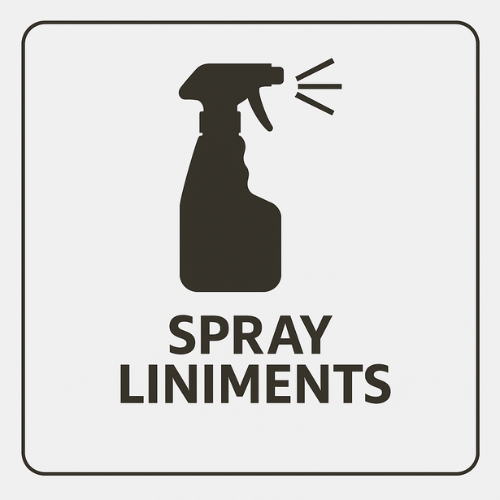 Black silhouette of a spray bottle with 'SPRAY LINIMENTS' text on a white background