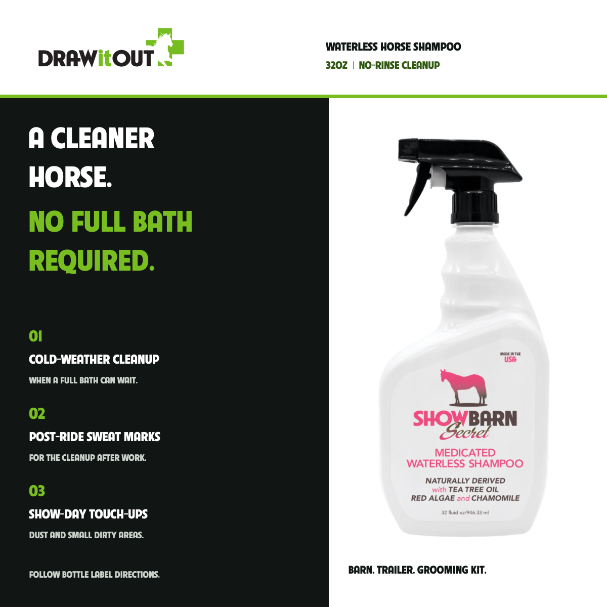 ShowBarn Secret Waterless Tea Tree Horse Shampoo 32oz for cold-weather cleanup, post-ride sweat marks and show-day touch-ups