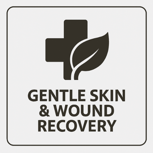 Logo with a cross and leaf symbolizing gentle skin and wound recovery on a white background.